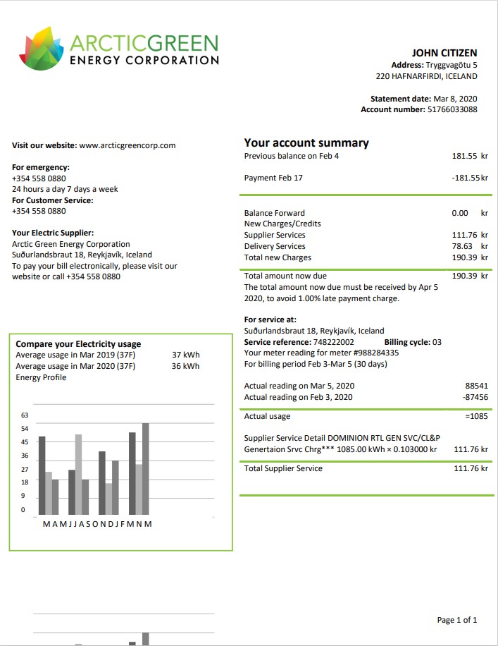 Iceland Arctic Green Energy Corporation electricity utility bill